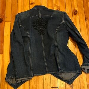 Denim Jean Jacket with Black Embroidered Crest - Women's Dark Blue Jean Jacket